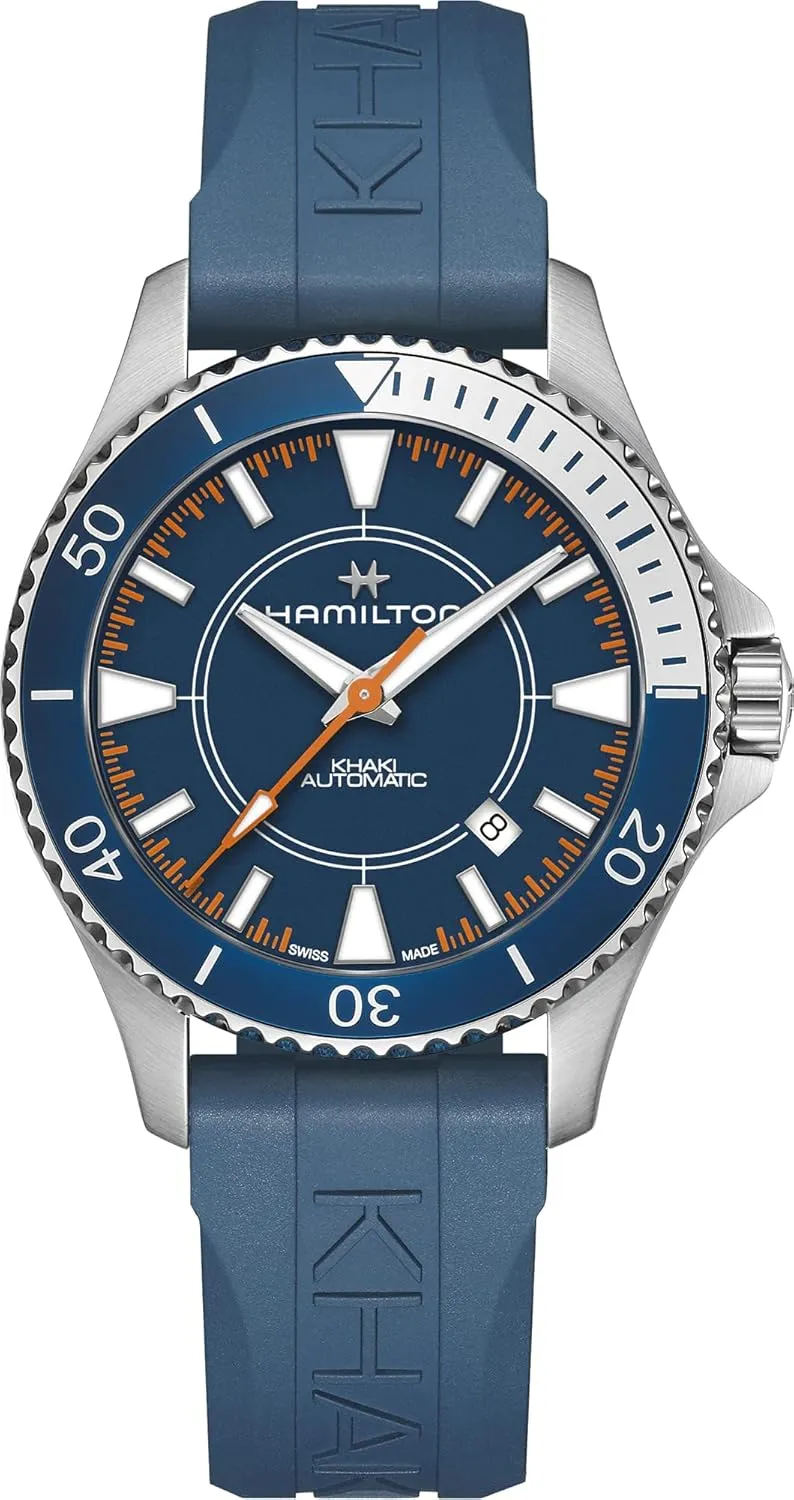 | Blue Rubber Strap (Model: H82385340) Hamilton Watch Khaki Navy Scuba chagrin fibrous hilly Utopian Auto Syroco Special Edition | Swiss Made | 40mm Stainless Steel Case | Blue Dial Analog Watch 