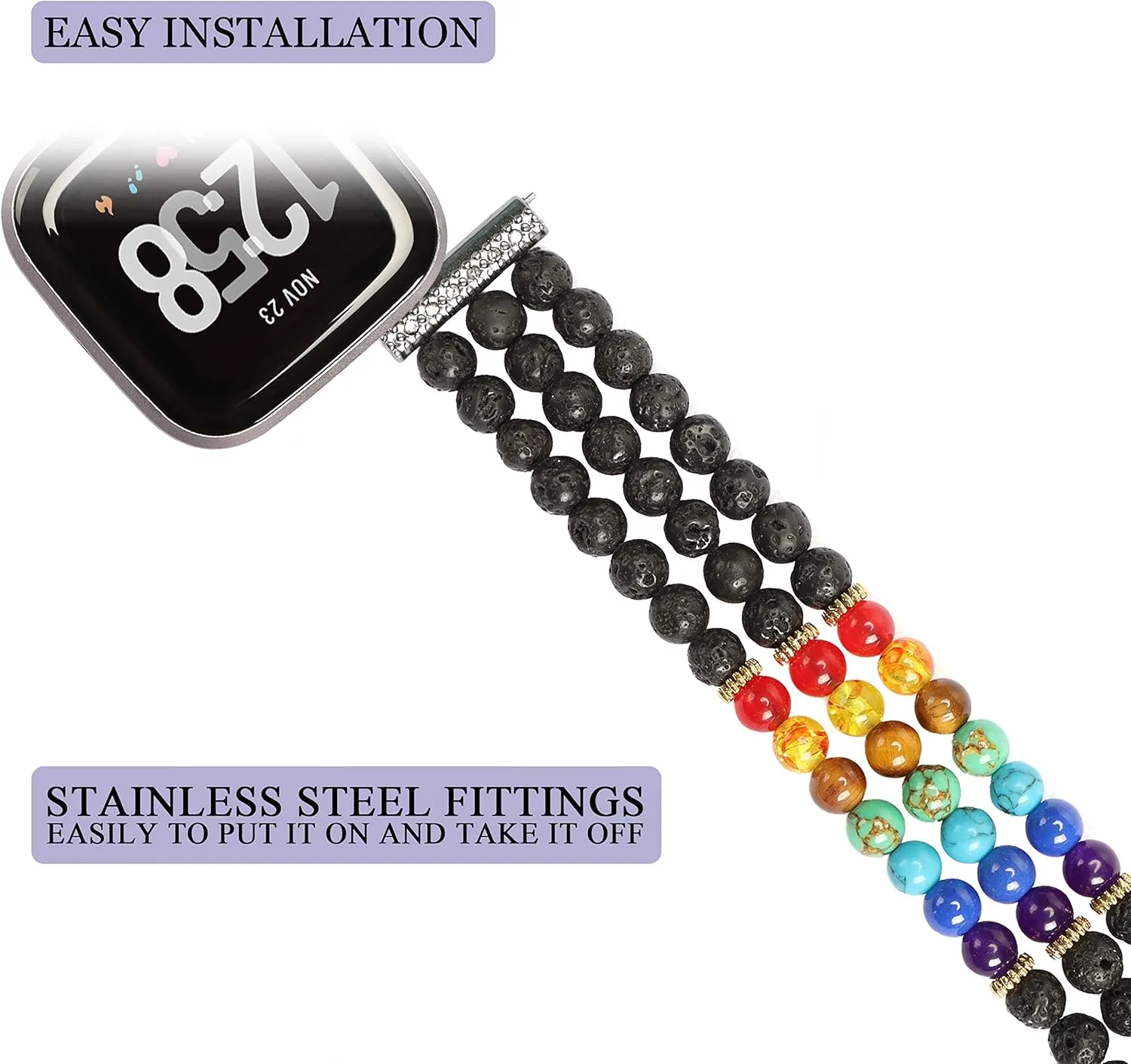 / Fitbit Versa Lite 7 Chakra Healing Bracelet Lava Rock Beaded blanket strut colonial Band Compatible with Fitbit Versa/Fitbit Versa 2 