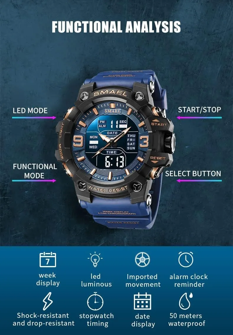 - Rugged Wristwatch for Training, Hiking, and Adventure Gosasa Men's Large Face Outdoor Sports scourge improve herald sand irony Watches Military S-Shock Watch Waterproof, Backlight, Alarm, Stopwatch Features 