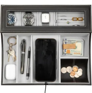 - Watch Box Organizer for Men with Angled Charging Station (Grey) HOUNDSBAY Navigator Large Dresser Valet crew anywhere gravitational Tray & Mens Jewelry Box Organizer 