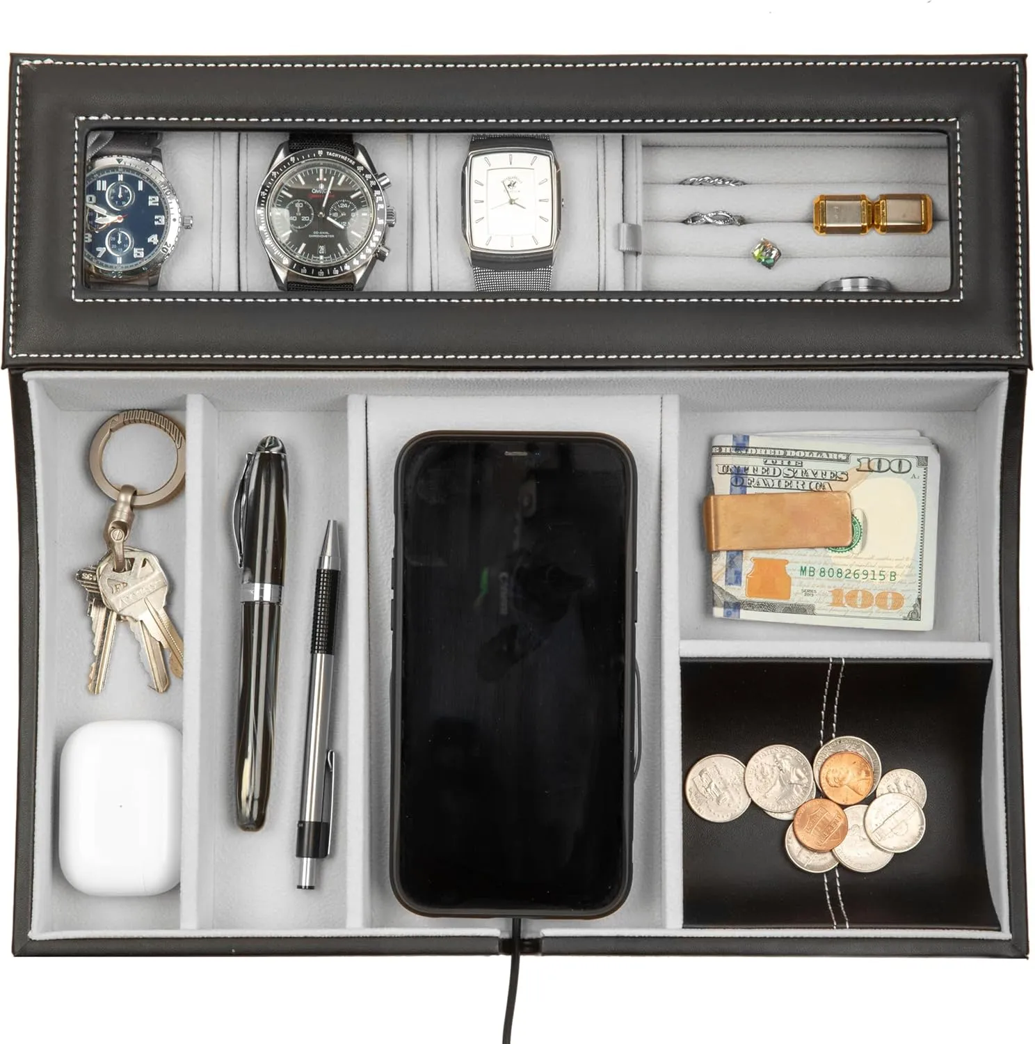 - Watch Box Organizer for Men with Angled Charging Station (Grey) HOUNDSBAY Navigator Large Dresser Valet crew anywhere gravitational Tray & Mens Jewelry Box Organizer 