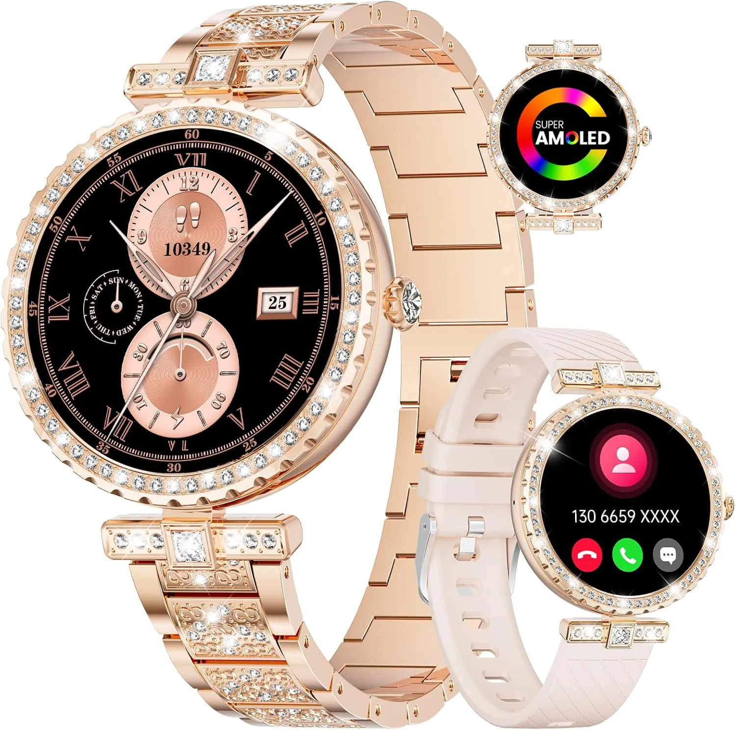 100  Sports Mode Fitness Tracker screening pollutant Watch, 5ATM Waterproof/Pedometer/Sleep Smartwatch Women, iOS Android Smart Watches Diamond Smart Watch for Women(Buletooth Call), 1.19" AMOLED HD Display, 