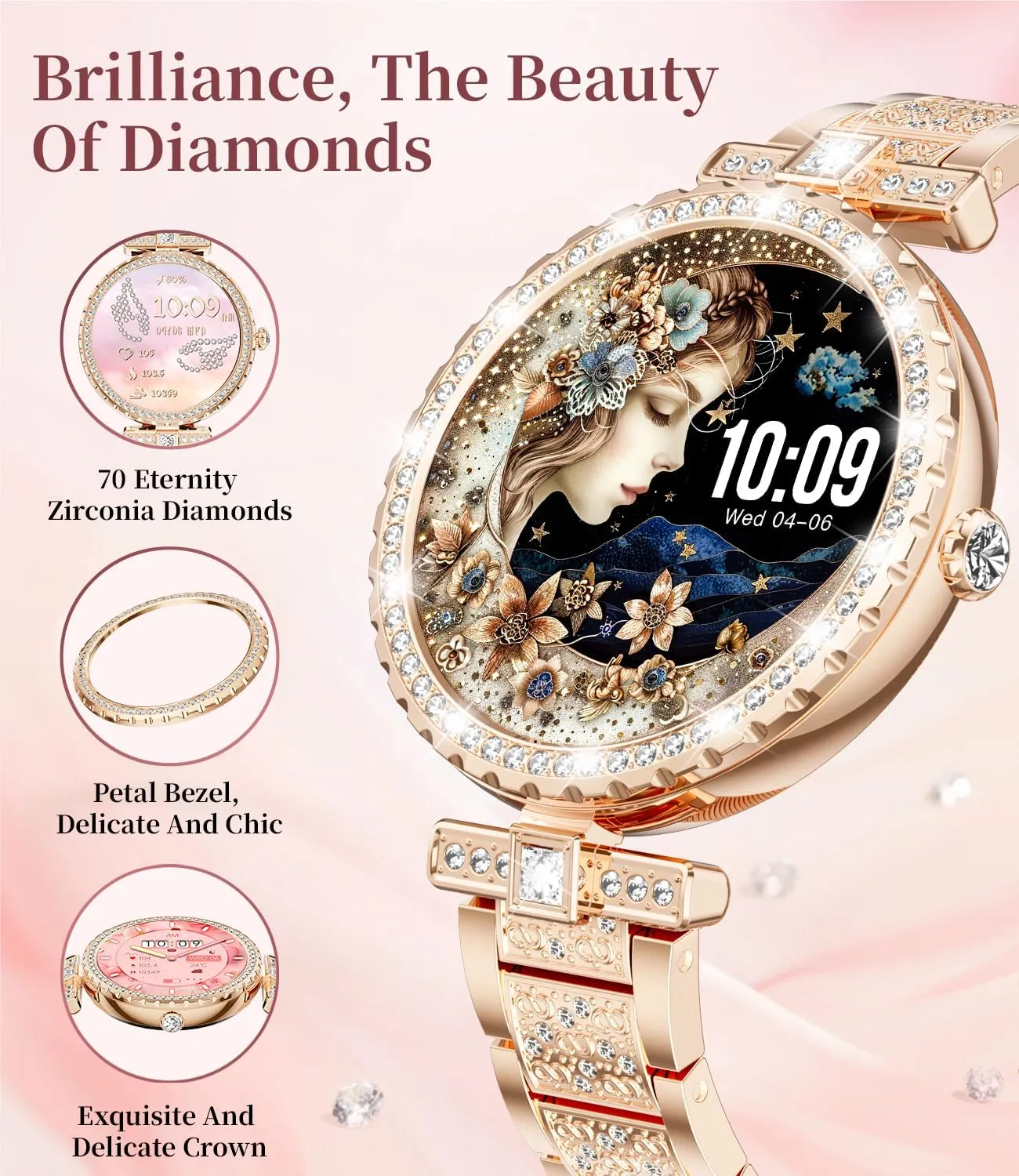 100  Sports Mode Fitness Tracker screening pollutant Watch, 5ATM Waterproof/Pedometer/Sleep Smartwatch Women, iOS Android Smart Watches Diamond Smart Watch for Women(Buletooth Call), 1.19" AMOLED HD Display, 