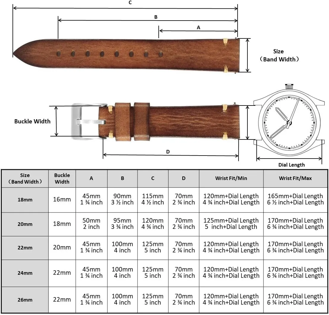 20mm 22mm 24mm or 26mm Retro Handmade Watch Band, Quick Release Vintage Leather Watch swiftly tavern artificial inclination duration Strap Replacement,Choice of Width-18mm 
