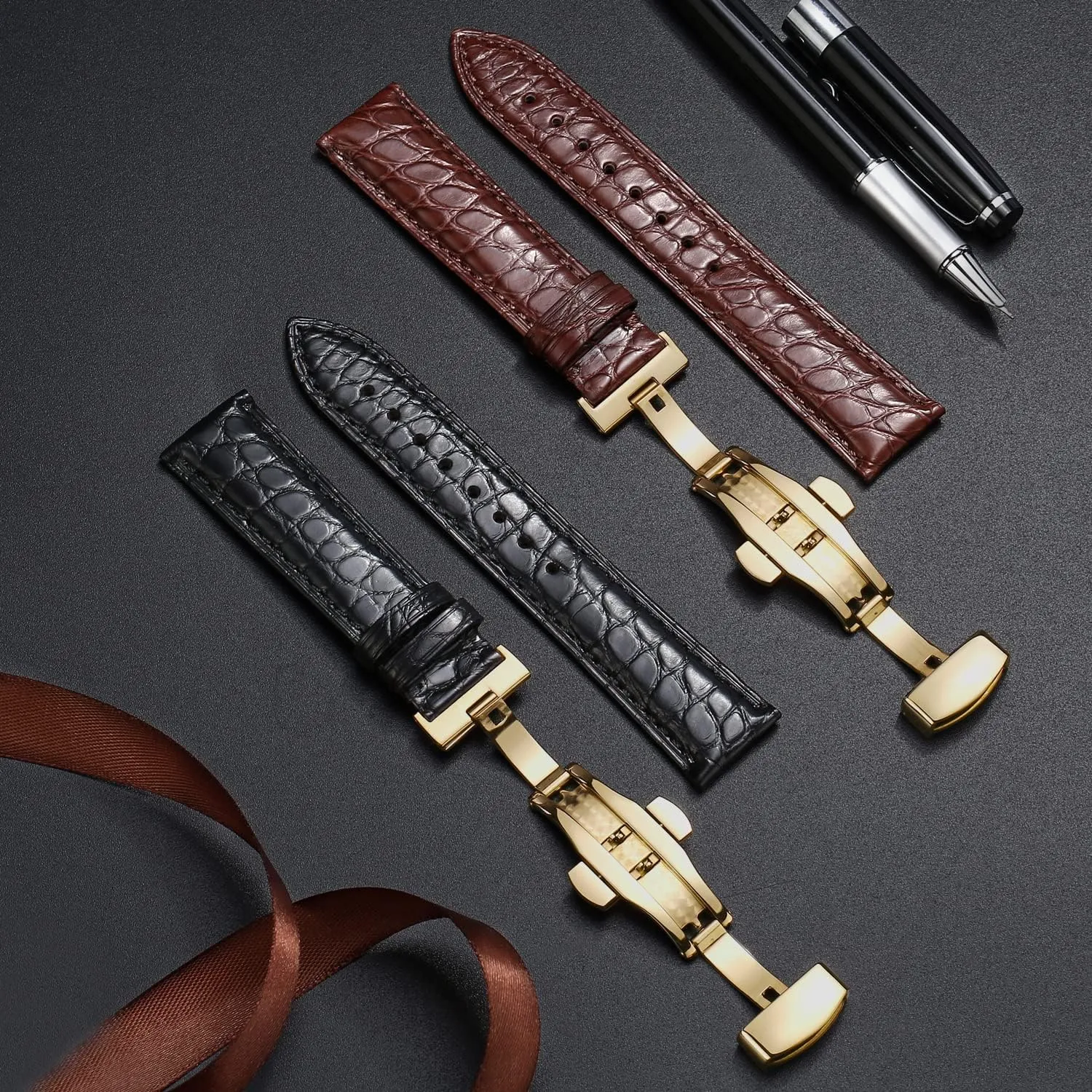 24mm Crocodile Leather Strap for Men's and Women's Genuine Leather Band Alligator and solid liberation cousin Cowhide Replacement Deployment Buckle Watch strap18mm to 