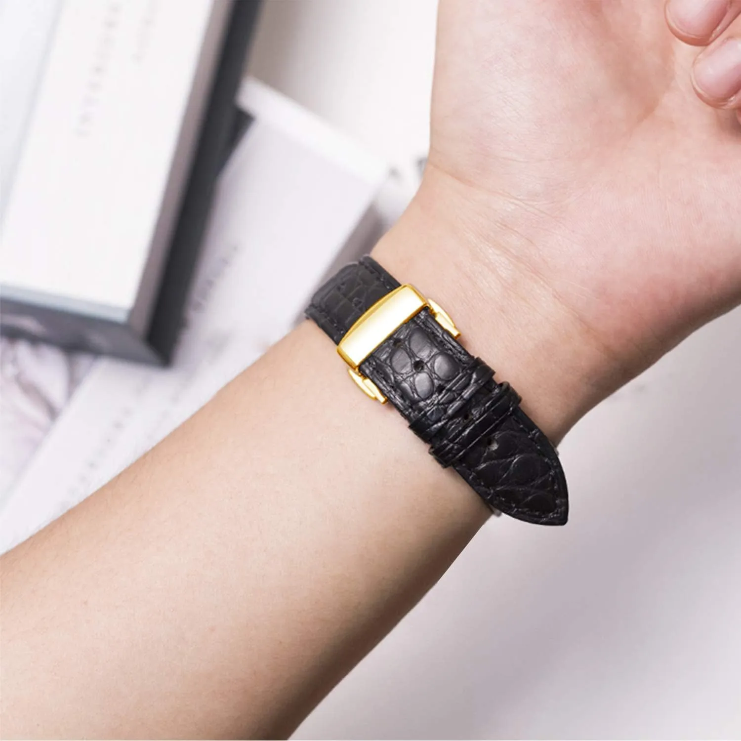 24mm Crocodile Leather Strap for Men's and Women's Genuine Leather Band Alligator and solid liberation cousin Cowhide Replacement Deployment Buckle Watch strap18mm to 