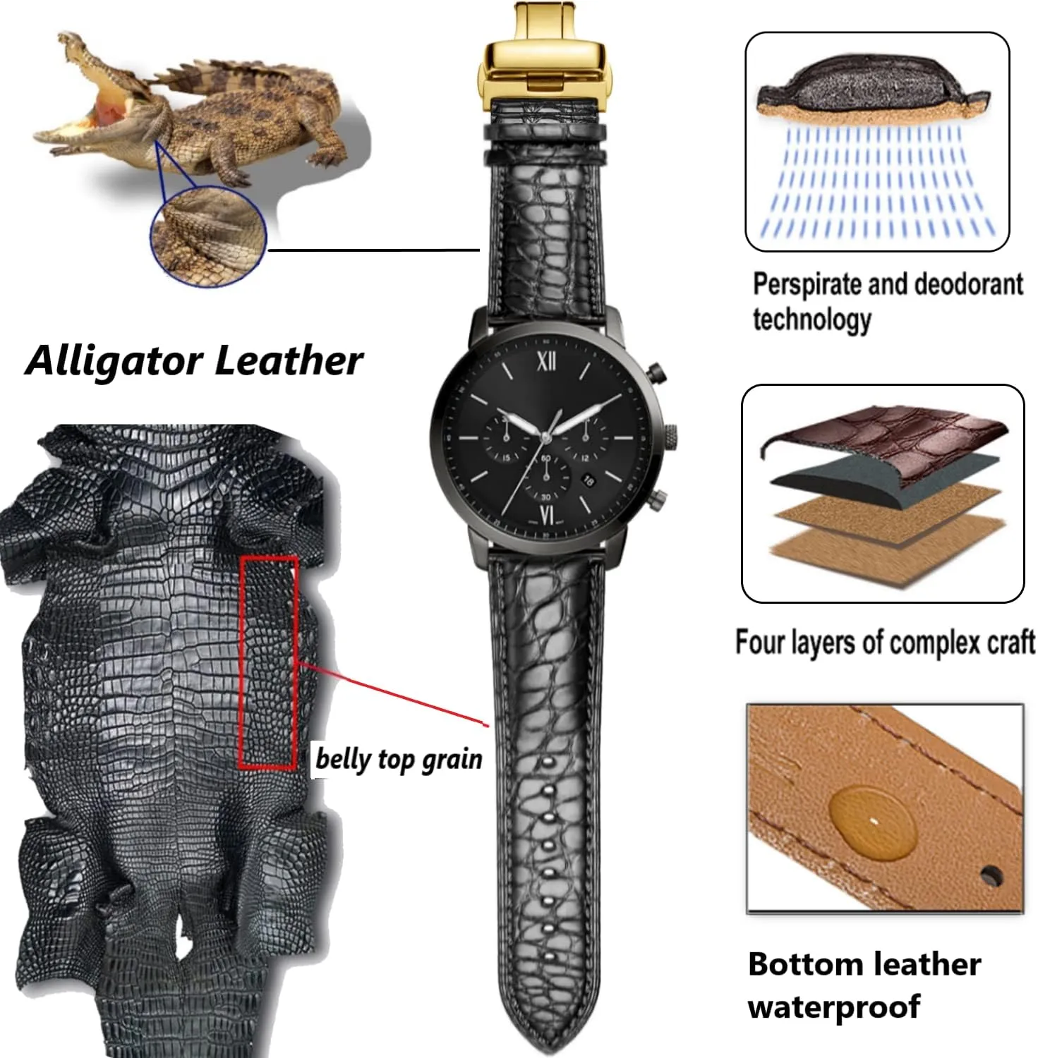 24mm Crocodile Leather Strap for Men's and Women's Genuine Leather Band Alligator and solid liberation cousin Cowhide Replacement Deployment Buckle Watch strap18mm to 
