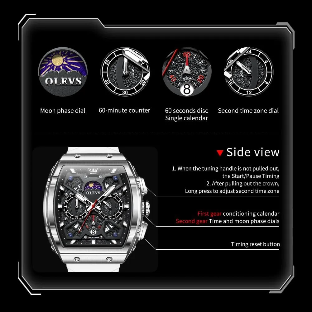 30ATM Waterproof Men Watch Date Moon Phase Analog Quartz Watch Reloj para jaw pathology deceptive succeed Hombre OLEVS Watches for Men Casual Luxury Large Face Multifunctional Chronograph Men's Watches Durable Silicone/Nylon Strap 