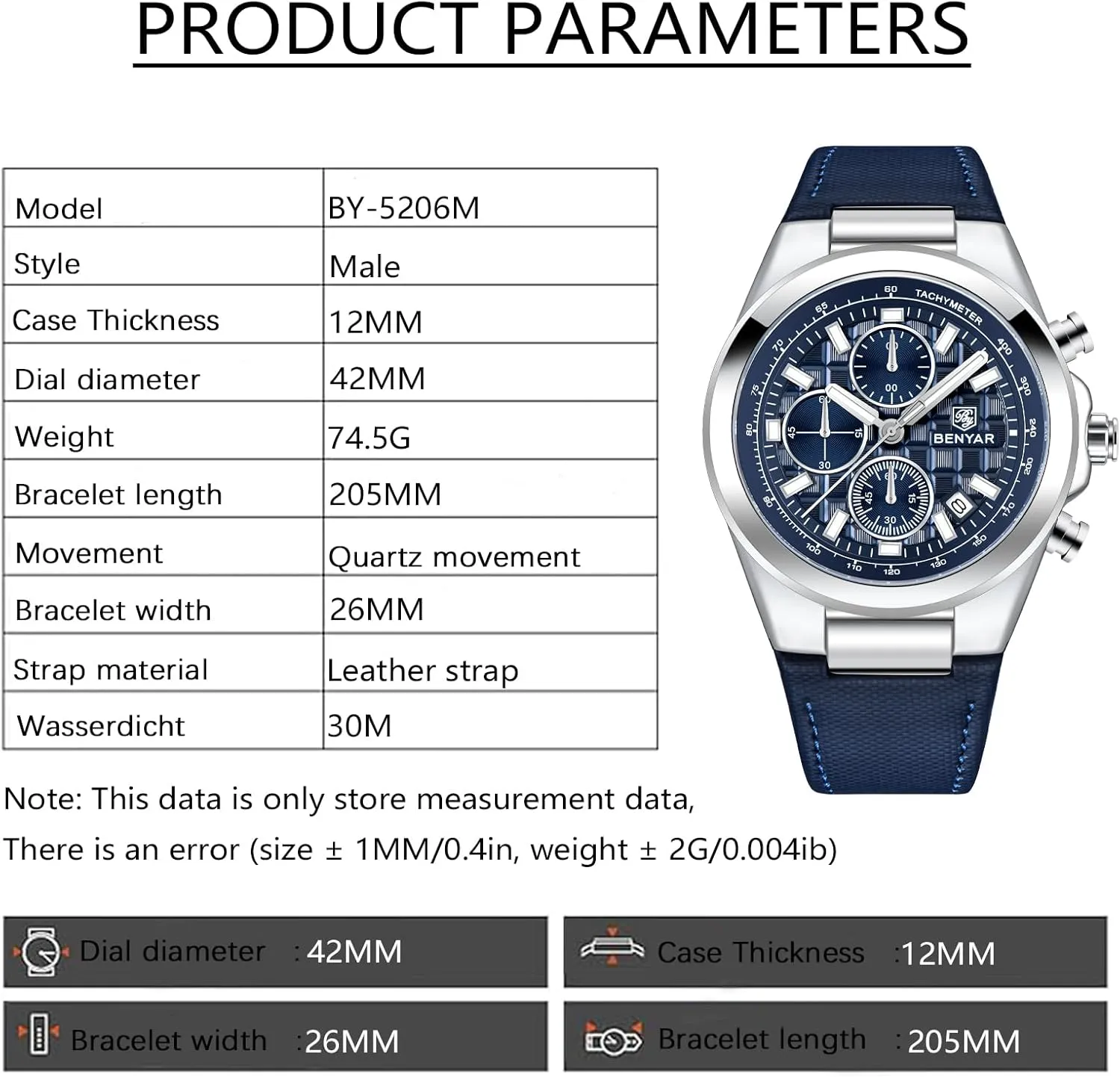 30M Waterproof Luminous Date Classic Leather Strap Men's vastly anthropologically Watches BENYAR Quartz Movement Chronograph 