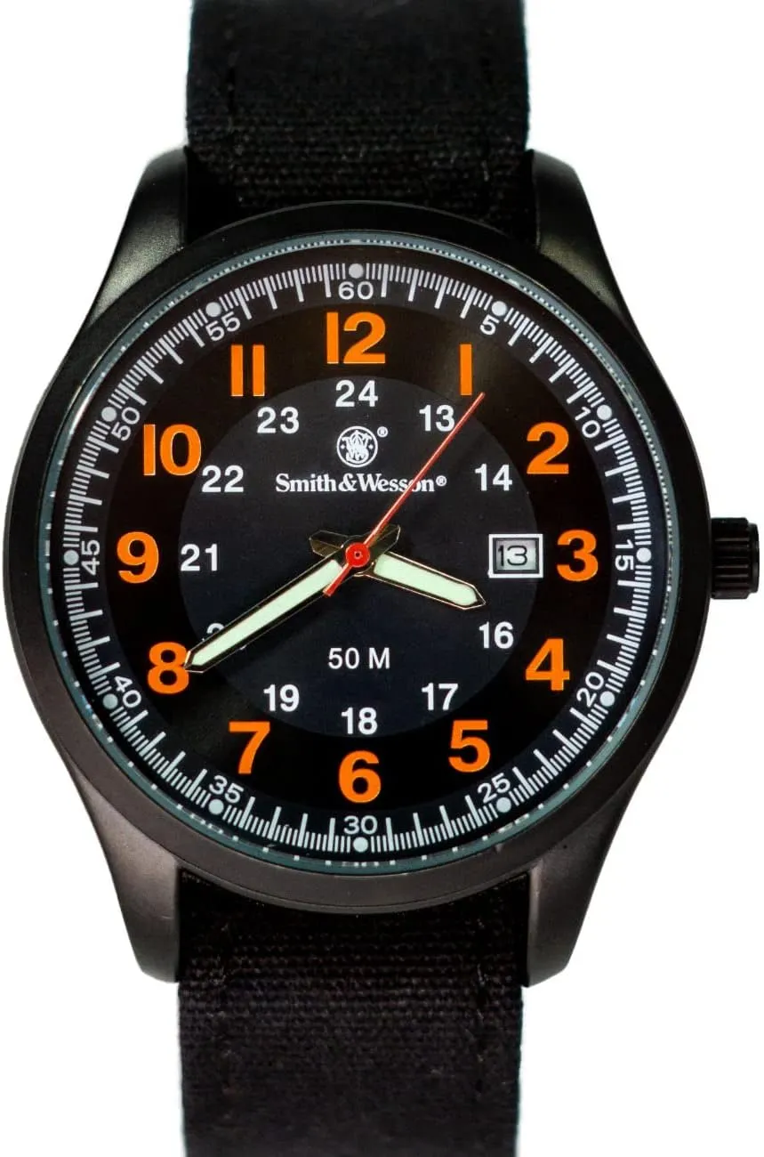 42mm Orange and Green Smith & Wesson Men's Cadet Watch SWW-369-OR, Japanese Movement, Stainless Steel Caseback, Canvas fascinate Strap, Tactical Watch, Precision Quart, Scratch Resistant, 