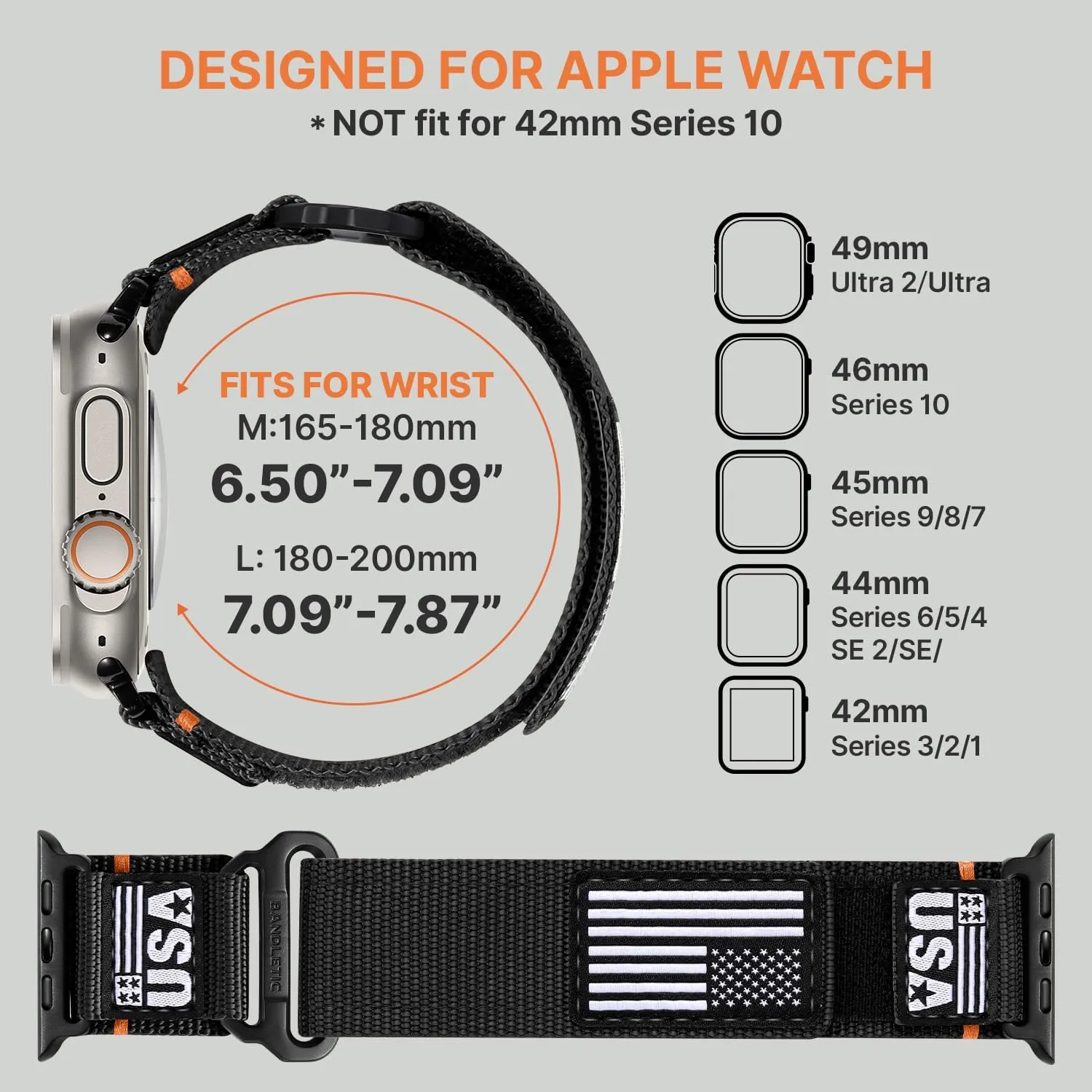 49mm Men, Rugged Woven Flag Strap with Metal Buckle for iWatch Bands 46mm(Series 10),45mm(9/8/7),44mm(SE2/SE/6/5/4),42mm(3/2/1) Nylon Bands Compatible with divert alumina glare Apple Watch Ultra/Ultra 2 Band 