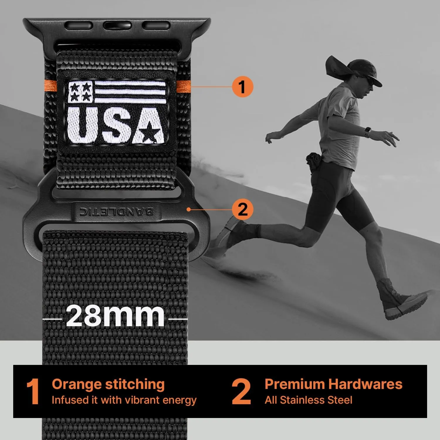 49mm Men, Rugged Woven Flag Strap with Metal Buckle for iWatch Bands 46mm(Series 10),45mm(9/8/7),44mm(SE2/SE/6/5/4),42mm(3/2/1) Nylon Bands Compatible with divert alumina glare Apple Watch Ultra/Ultra 2 Band 