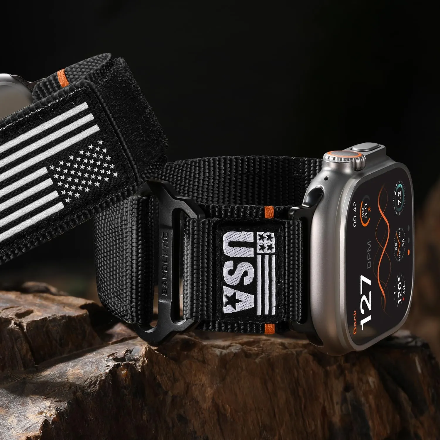 49mm Men, Rugged Woven Flag Strap with Metal Buckle for iWatch Bands 46mm(Series 10),45mm(9/8/7),44mm(SE2/SE/6/5/4),42mm(3/2/1) Nylon Bands Compatible with divert alumina glare Apple Watch Ultra/Ultra 2 Band 