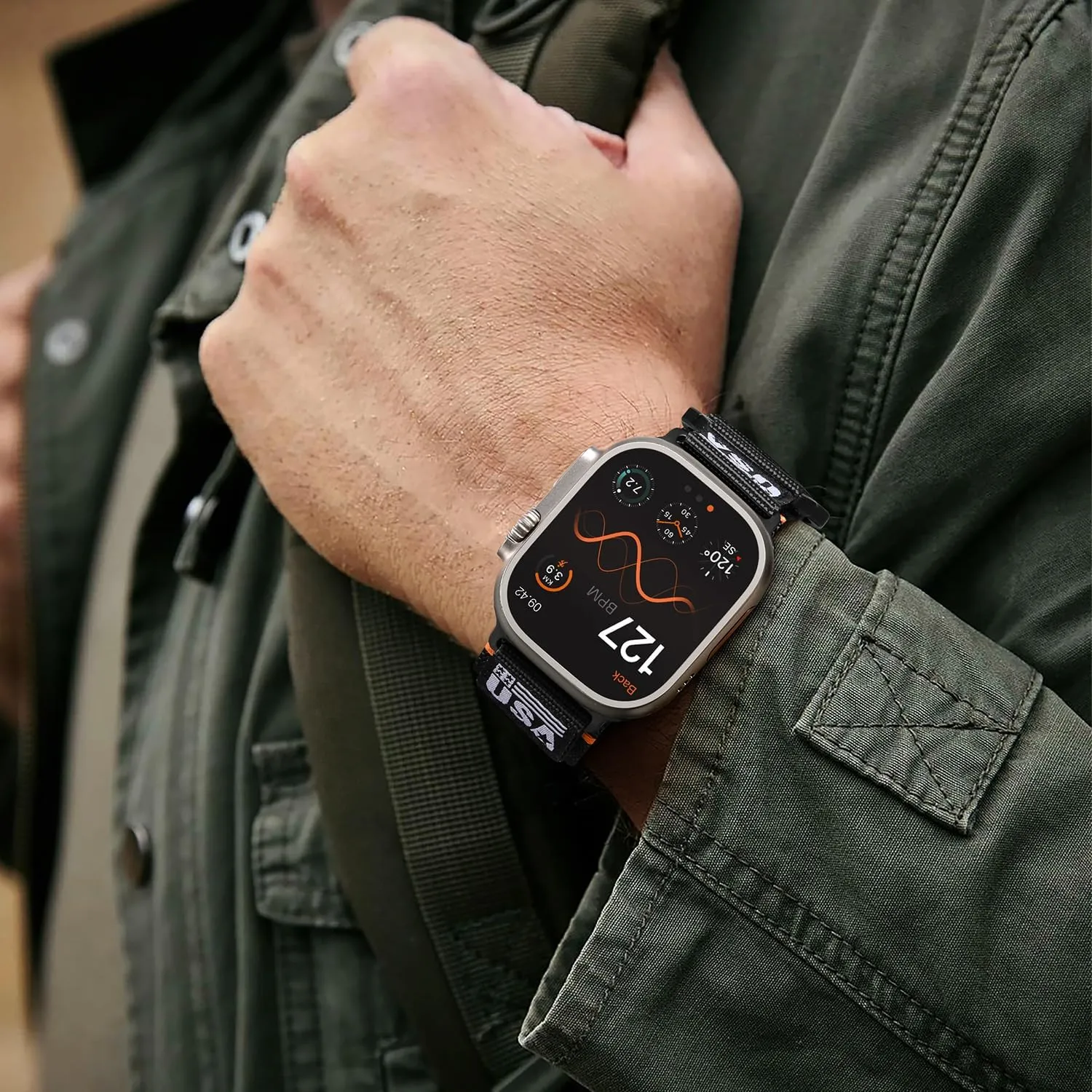 49mm Men, Rugged Woven Flag Strap with Metal Buckle for iWatch Bands 46mm(Series 10),45mm(9/8/7),44mm(SE2/SE/6/5/4),42mm(3/2/1) Nylon Bands Compatible with divert alumina glare Apple Watch Ultra/Ultra 2 Band 