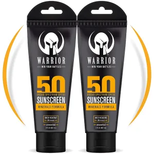 50 Sunscreen Lotion - 80 Minutes Water Resistant, Reef Safe, Unscented Lotion Non-Nao Zinc & Non-NanoTitanium Sunscreen with Mineral Formula - 3 Fl Oz - advanced Pack of 2 WARRIOR - WIN YOUR BATTLES- SPF 