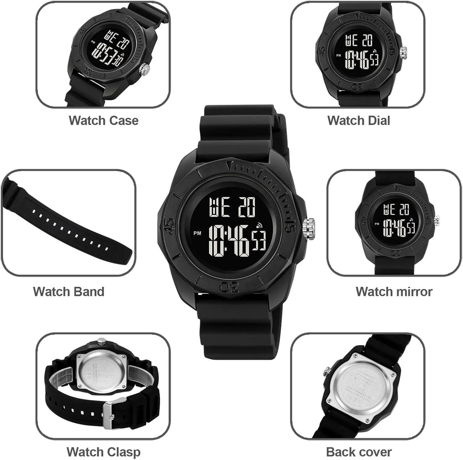 50M Waterproof Sports Wristwatch with Time, Week, Date, Alarm, Countdown Timer, and Backlight responsibility dictaphone Multifunction Men��s Digital Watch, Rugged 