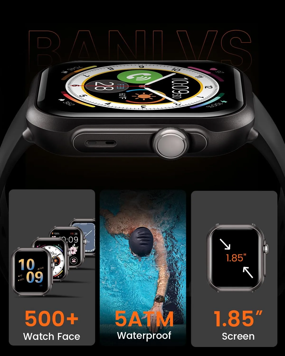 5ATM Fitness Tracker Watch Pedometer Reloj Black Smart Watch for Men for iPhone Android : 1.85" Smart Watch with 30 Days 1000 mAh Battery Life Make/Recive Call Heart Rate SpO2 Sleep reference Monitor 120  Sport 