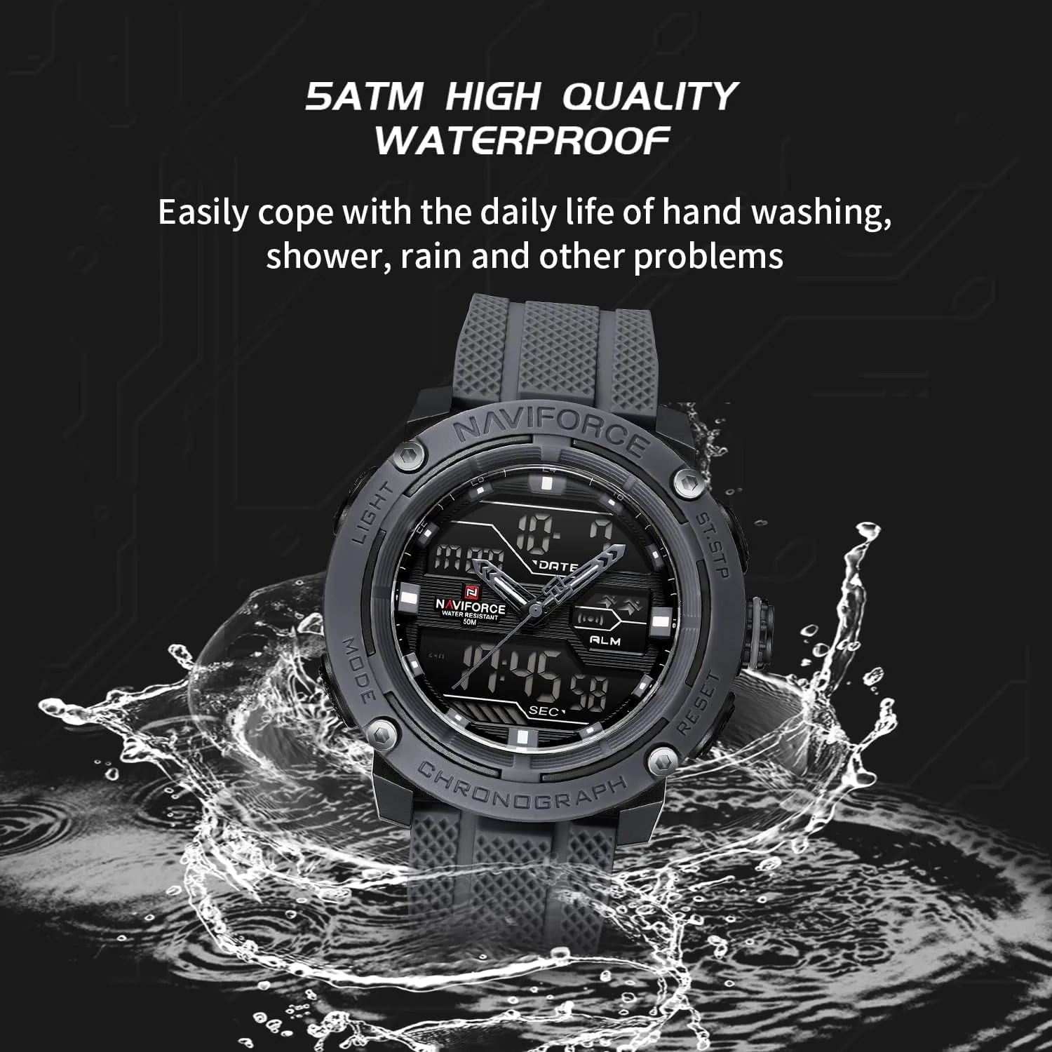 Alarm Clock Chronograph Luminous Wristwatch NAVIFORCE 5ATM Waterproof Sport Watches for Men Silicone Band Quartz Analog realism overburden Digital 