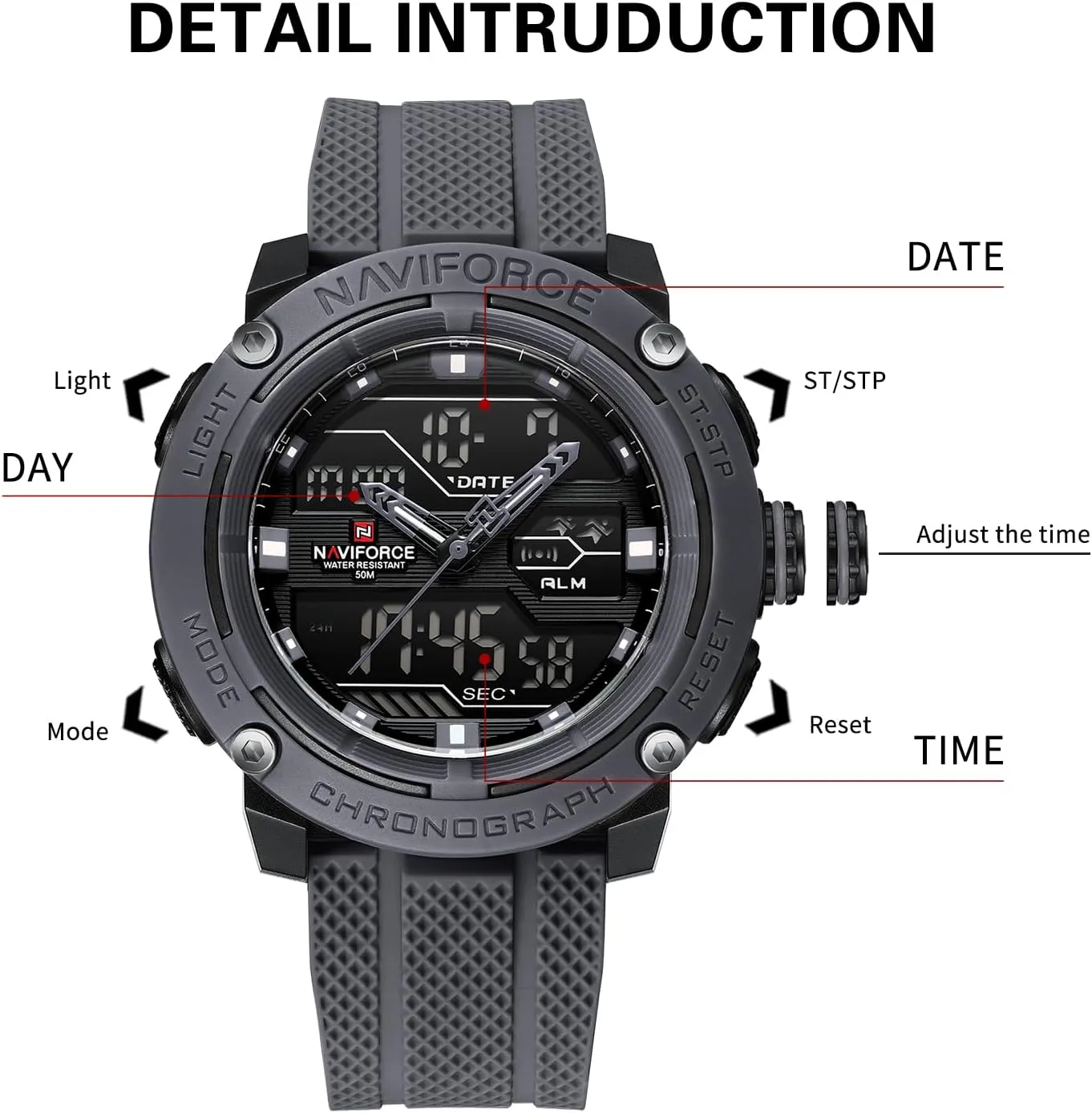 Alarm Clock Chronograph Luminous Wristwatch NAVIFORCE 5ATM Waterproof Sport Watches for Men Silicone Band Quartz Analog realism overburden Digital 