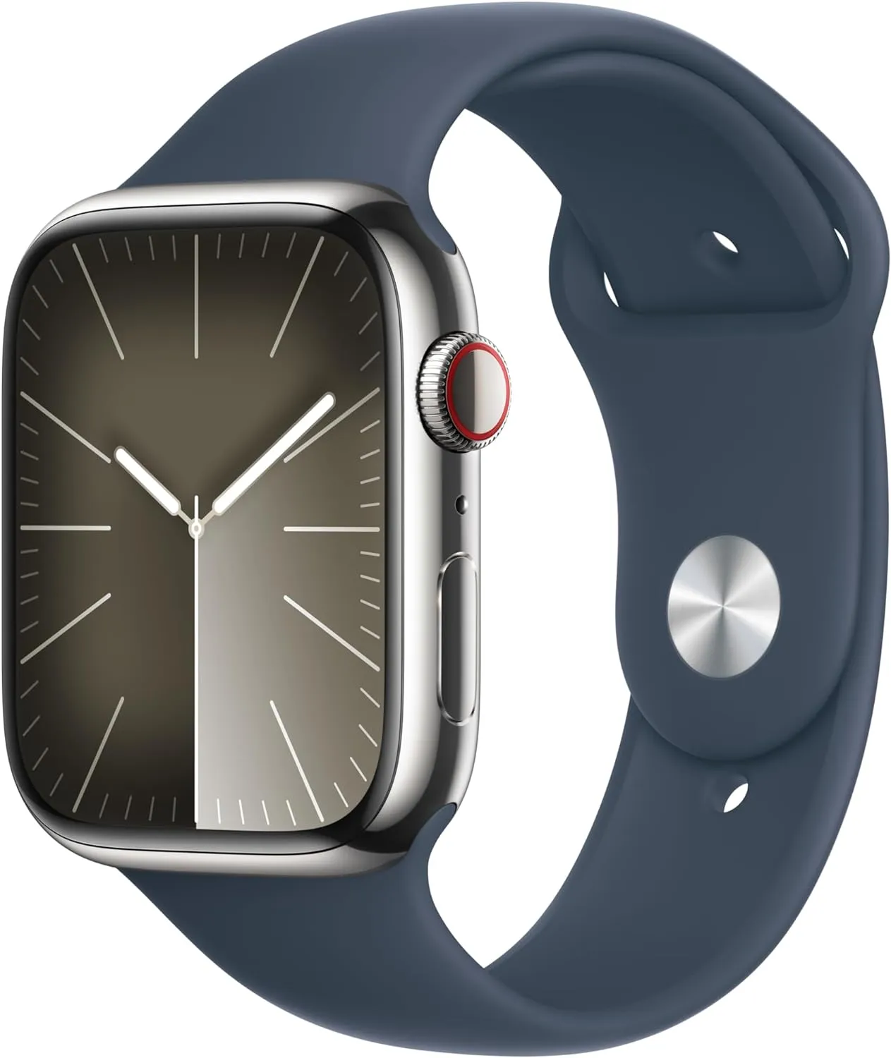 Always-On Retina Display Apple Watch Series 9 [GPS   Cellular 45mm] Smartwatch with Silver Stainless Steel Case with Storm Blue Sport mercantile Band M/L. Fitness Tracker, Blood Oxygen & ECG Apps, 