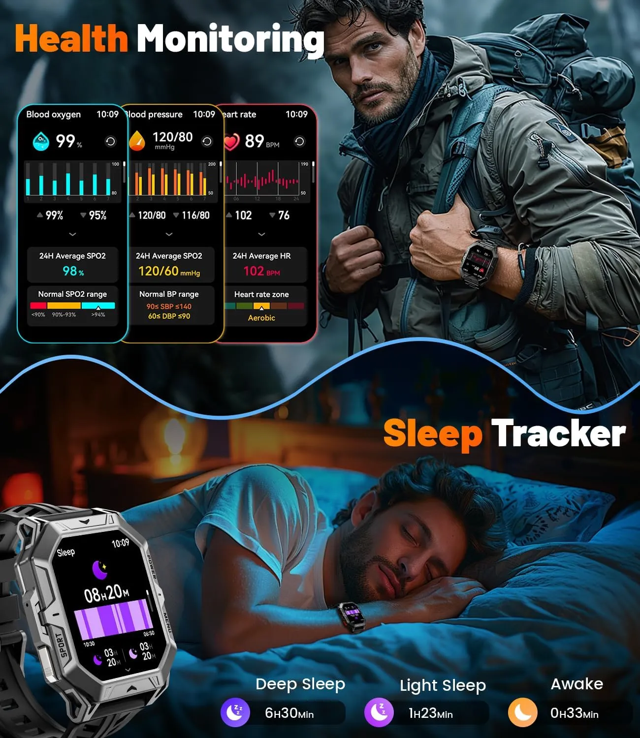 AMOLED Smartwatch, 80 Days Long Battery, 100  Sport Mode/IP68 Waterproof Fitness Tracker Watch, Rugged Smart Watch for Android Samsung iPhone Compatible Military Smart Watch for Men, rear depict reckless flourish suburb 2.13'' 