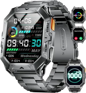 AMOLED Smartwatch, 80 Days Long Battery, 100  Sport Mode/IP68 Waterproof Fitness Tracker Watch, Rugged Smart Watch for Android Samsung iPhone Compatible Military Smart Watch for Men, rear depict reckless flourish suburb 2.13'' 