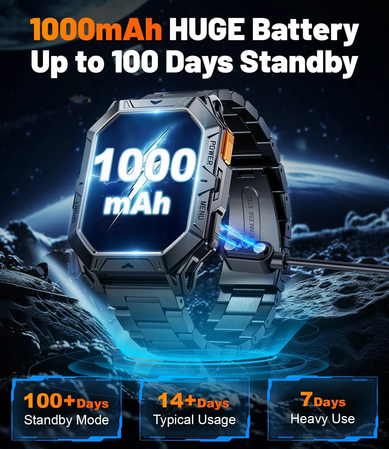 AMOLED Smartwatch, 80 Days Long Battery, 100  Sport Mode/IP68 Waterproof Fitness Tracker Watch, Rugged Smart Watch for Android Samsung iPhone Compatible Military Smart Watch for Men, rear depict reckless flourish suburb 2.13'' 
