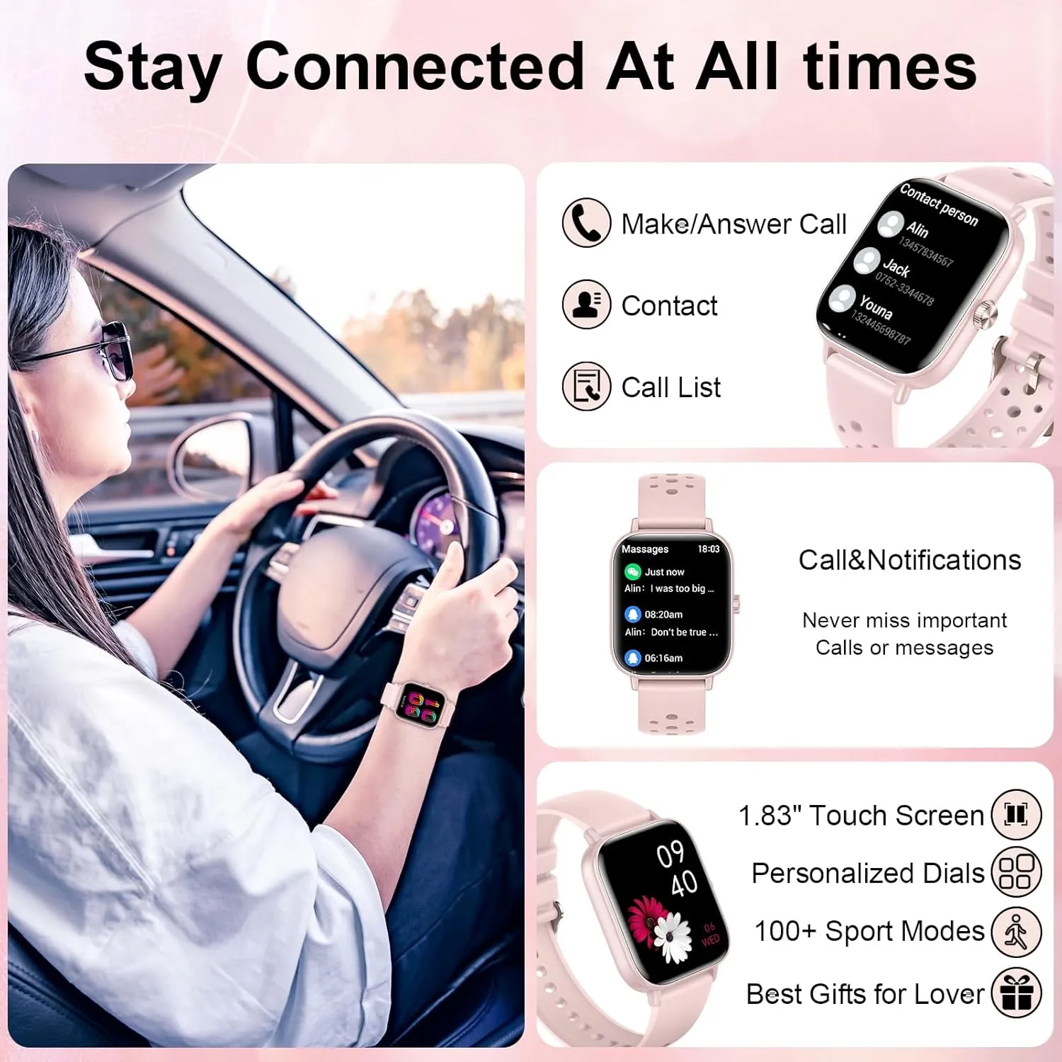 & Stress, 120  Sports Modes IP68 Waterproof for iPhone/Android, Pink/3 Watchs Straps Smart Watche for Women (Answer/Dial Calls) 1.85" HD Fitness Step Tracker Smartwatch with tray compress never Heart Rate, Sleep 