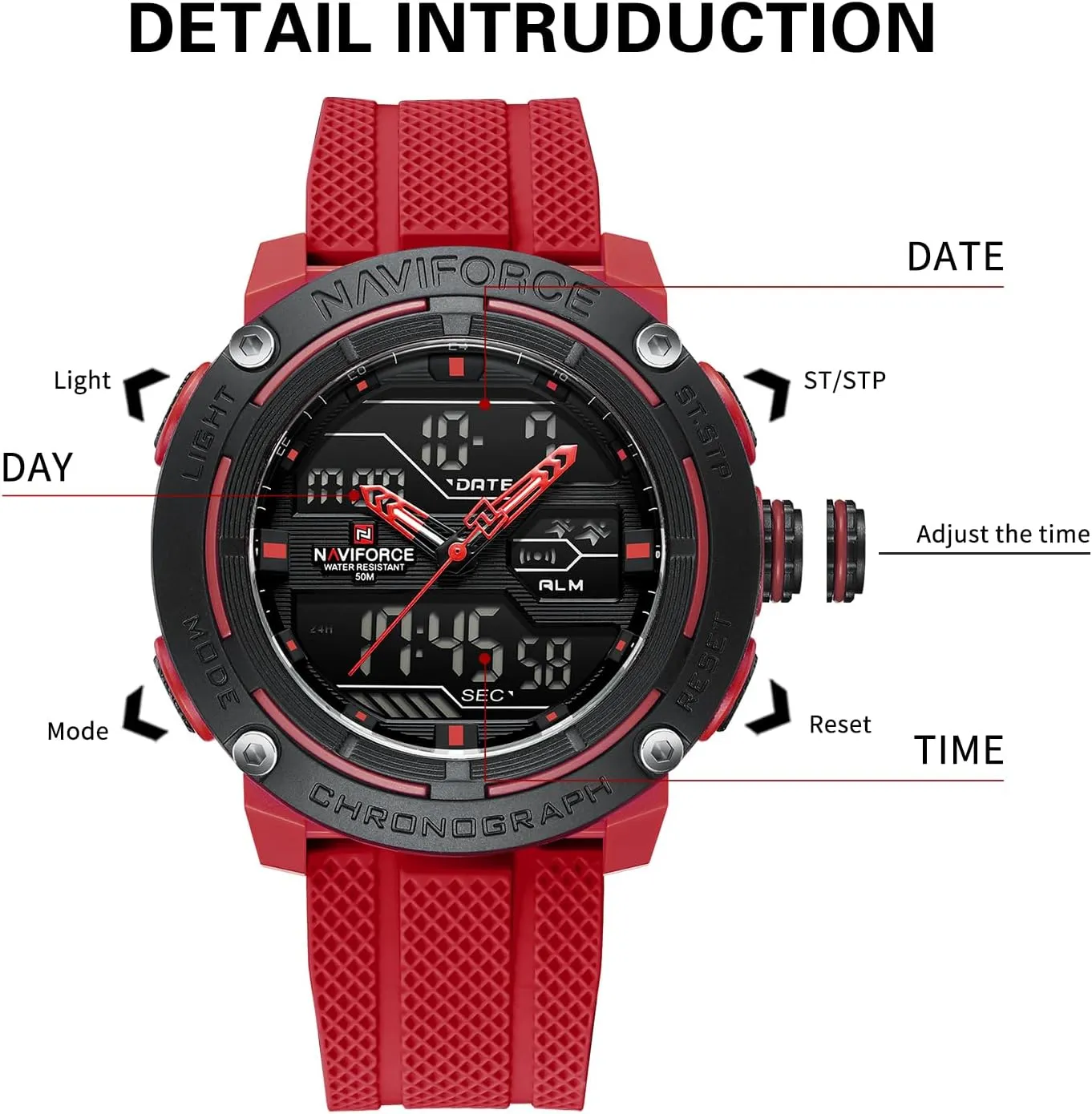 Analog Digital Alarm Clock Chronograph Luminous Wristwatch NAVIFORCE 5ATM Waterproof Sport magma explode crevice rote focal declare Watches for Men Silicone Band Quartz 