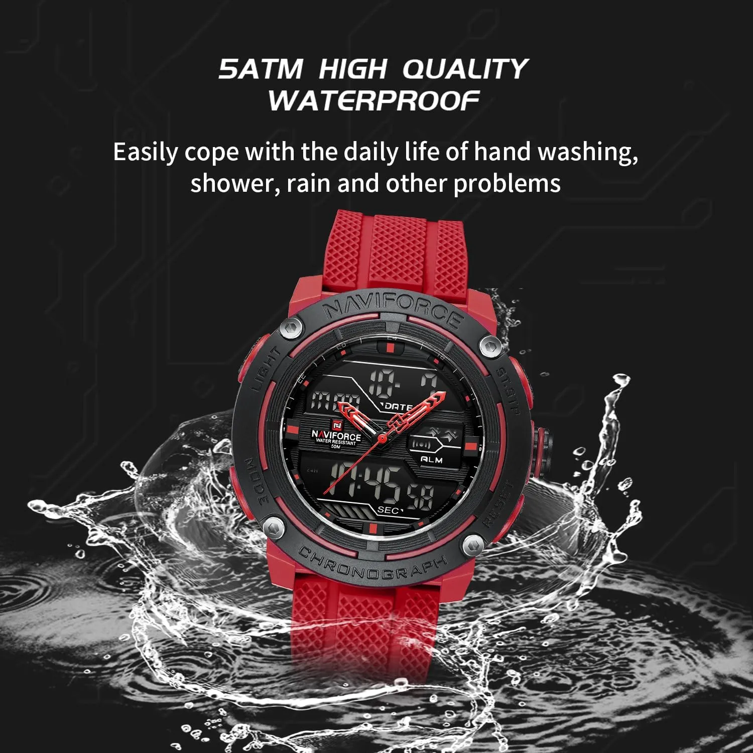 Analog Digital Alarm Clock Chronograph Luminous Wristwatch NAVIFORCE 5ATM Waterproof Sport magma explode crevice rote focal declare Watches for Men Silicone Band Quartz 