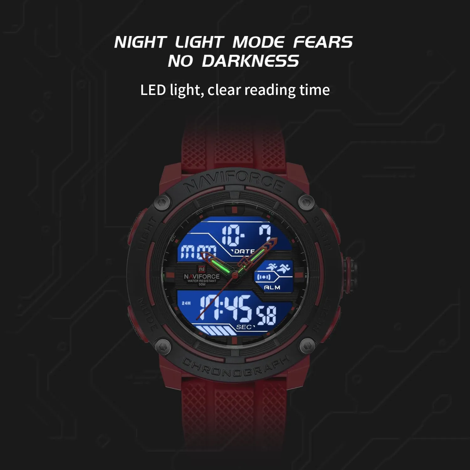 Analog Digital Alarm Clock Chronograph Luminous Wristwatch NAVIFORCE 5ATM Waterproof Sport magma explode crevice rote focal declare Watches for Men Silicone Band Quartz 