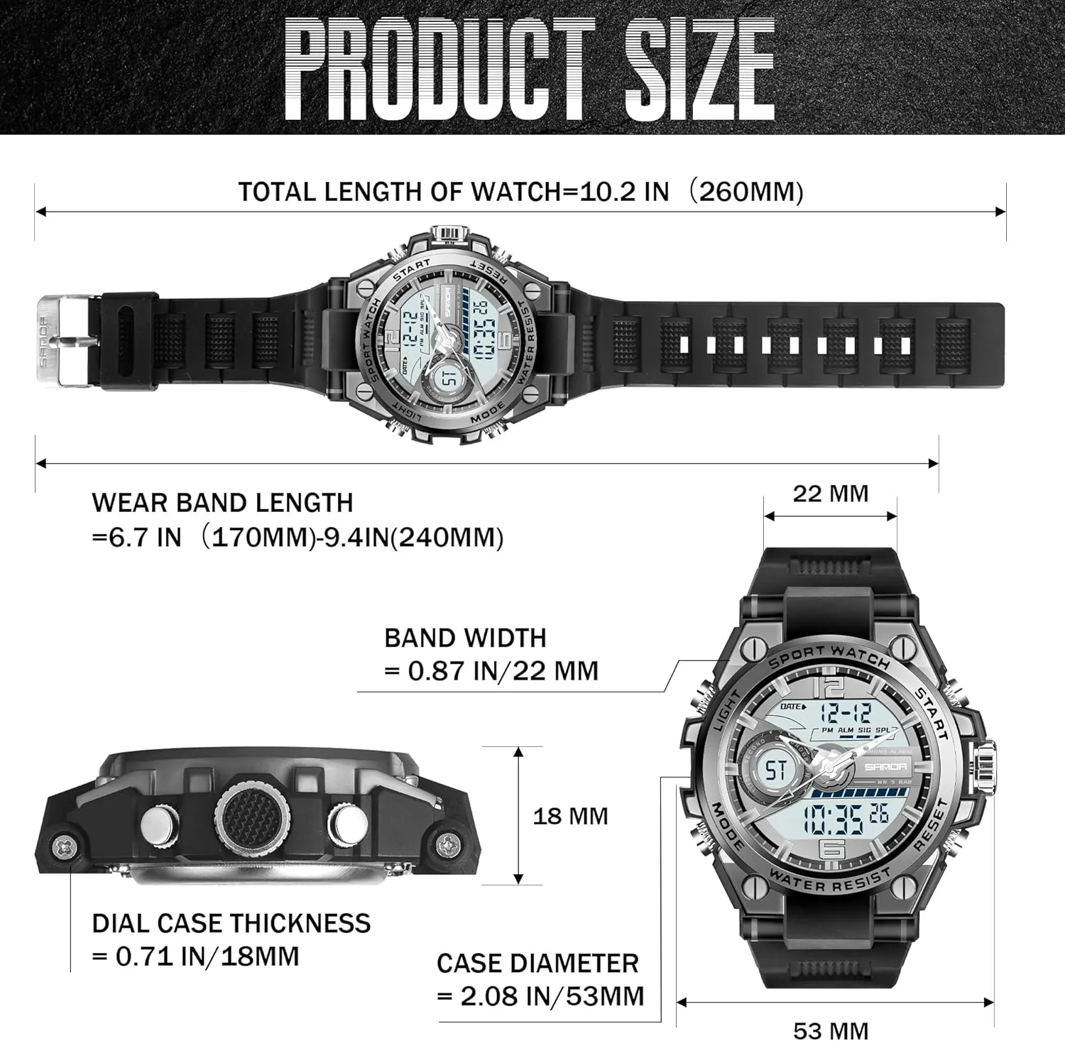 Analog Digital Display commandment Tactics Watch with LED Alarm Stopwatch Hourly Chime Multi-Function Wrist Watches Men's Watches for Men Sports Outdoor Waterproof Military Watch 