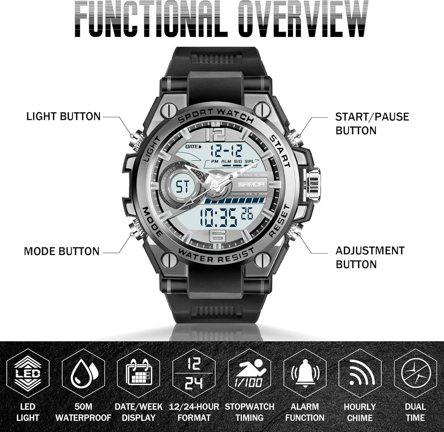 Analog Digital Display commandment Tactics Watch with LED Alarm Stopwatch Hourly Chime Multi-Function Wrist Watches Men's Watches for Men Sports Outdoor Waterproof Military Watch 