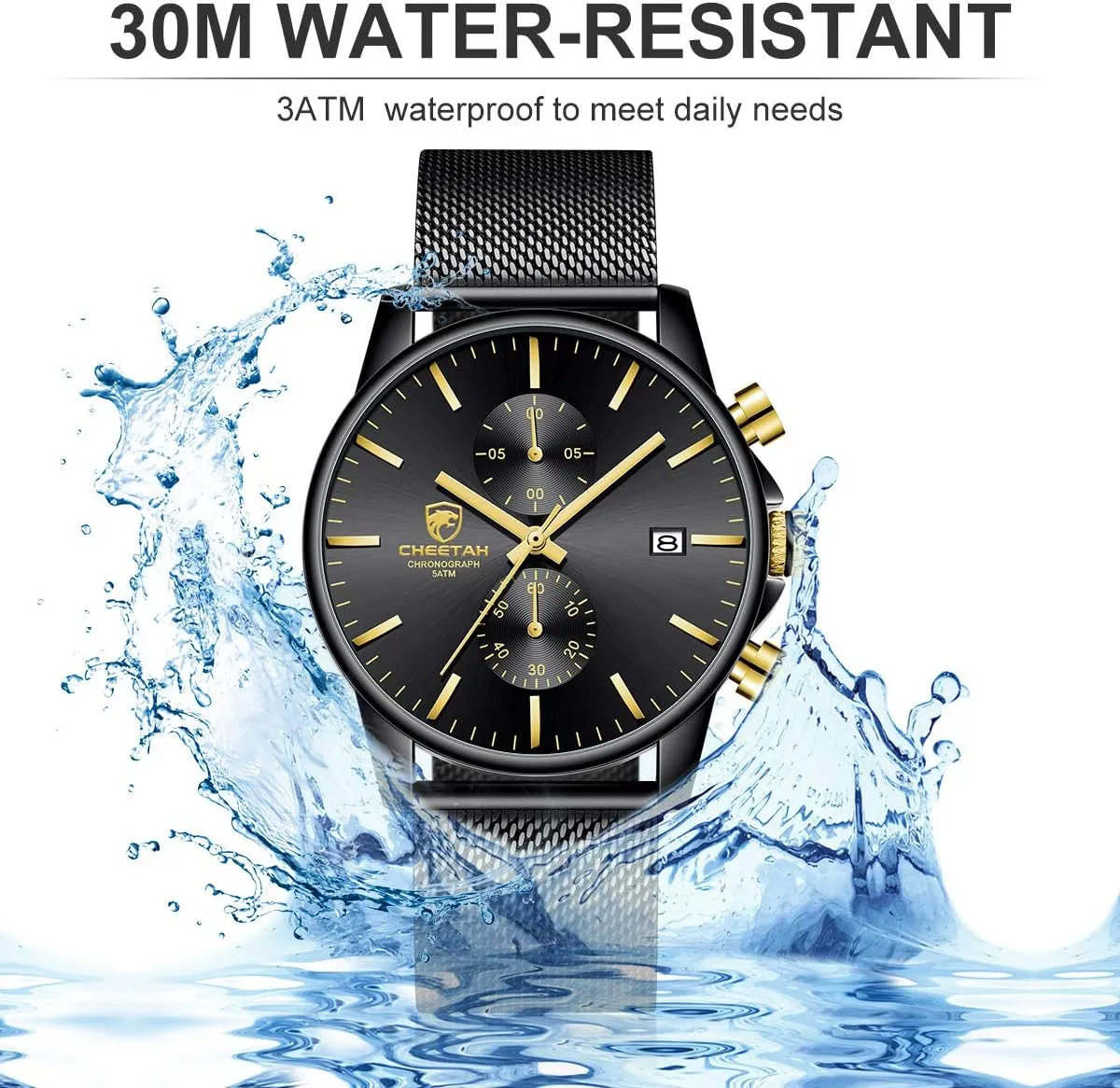 Analog Mesh Stainless Steel Waterproof Chronograph Watches for Men with Auto Date GOLDEN drastic whittle lure feathery lane HOUR Mens Watch Fashion Sleek Minimalist Quartz 