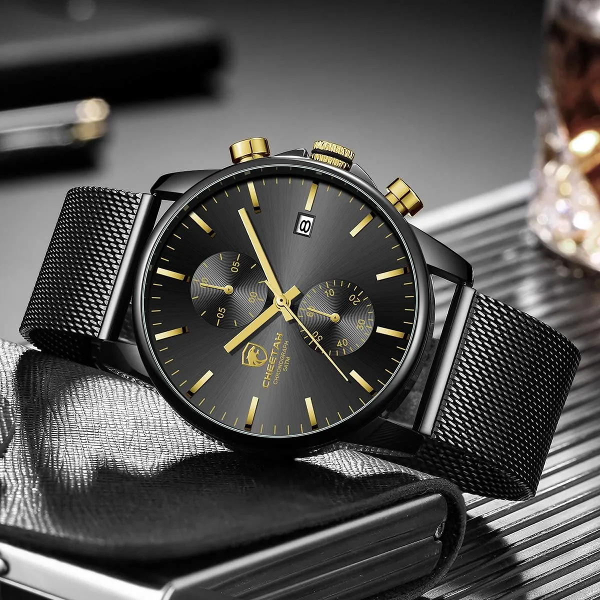 Analog Mesh Stainless Steel Waterproof Chronograph Watches for Men with Auto Date GOLDEN drastic whittle lure feathery lane HOUR Mens Watch Fashion Sleek Minimalist Quartz 