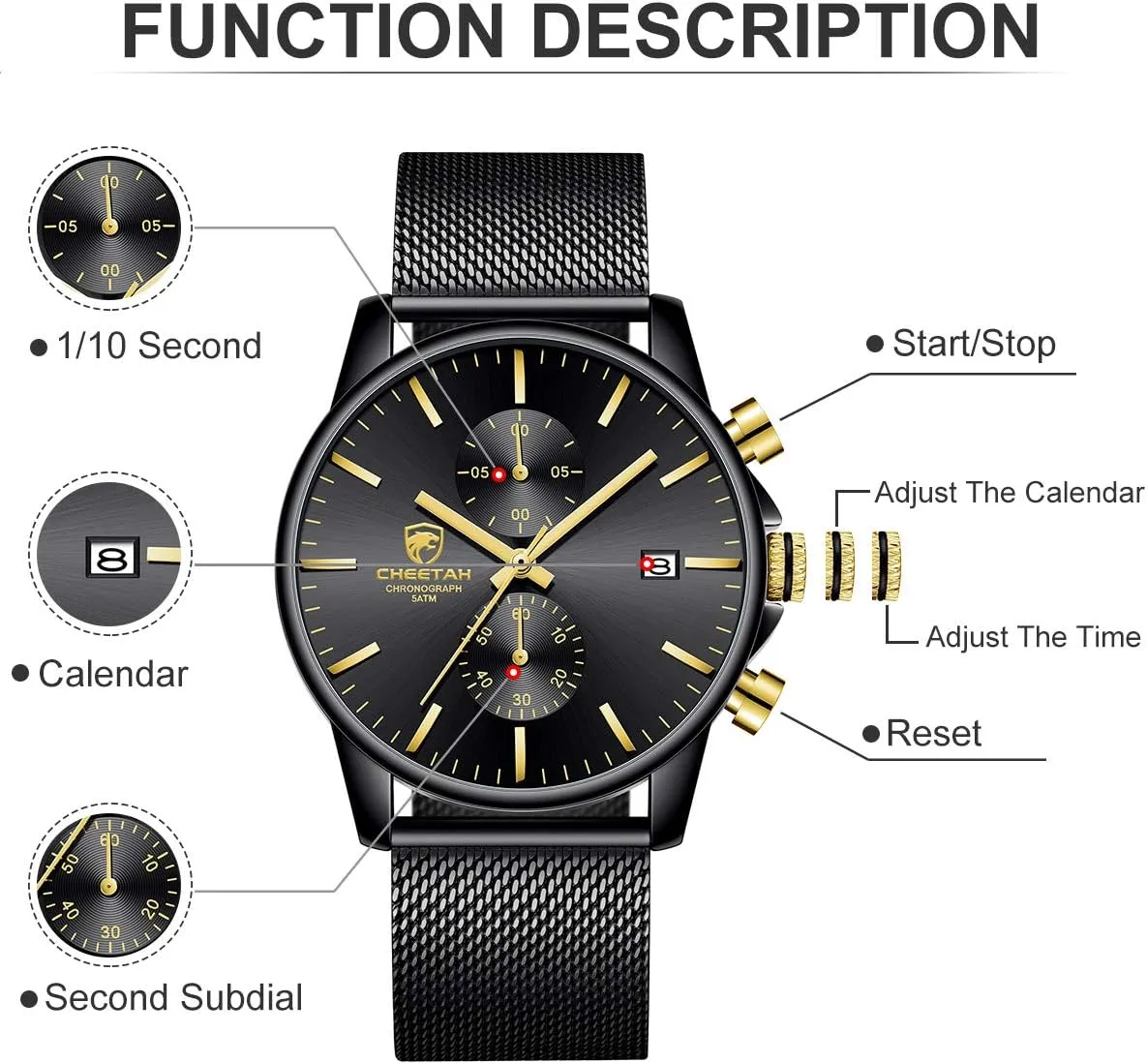 Analog Mesh Stainless Steel Waterproof Chronograph Watches for Men with Auto Date GOLDEN drastic whittle lure feathery lane HOUR Mens Watch Fashion Sleek Minimalist Quartz 