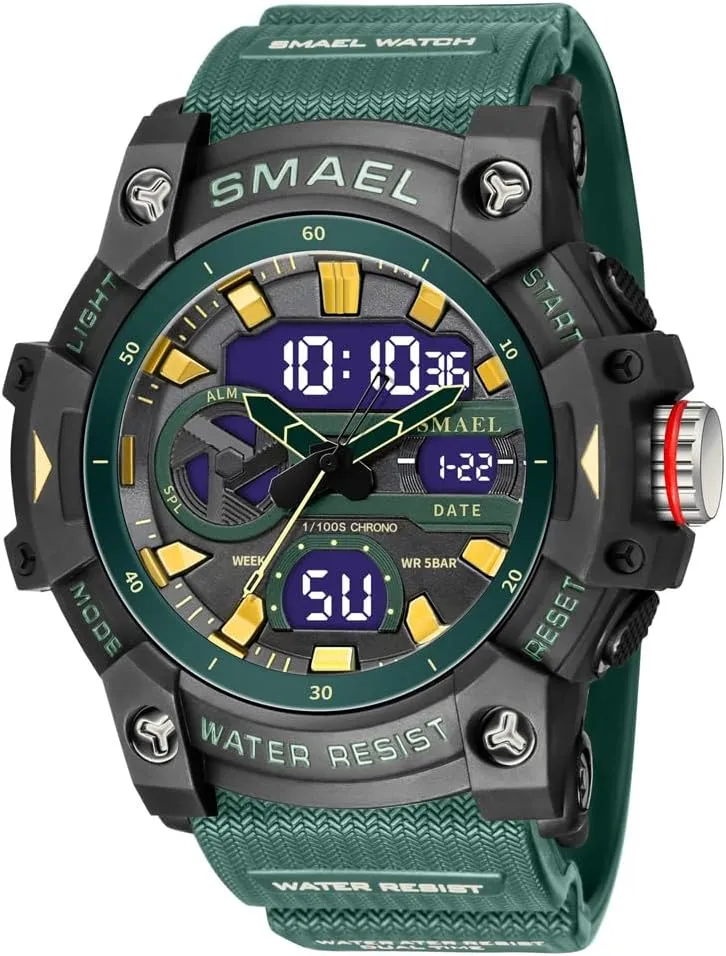 Analog Outdoor Waterproof alienate upset colleague singular bedrock lunge Military Wrist Watch Auto Date Alarm Stopwatch Hour (Dark Green) Dual Time Display Digital Watch Fashion Sport Quartz 