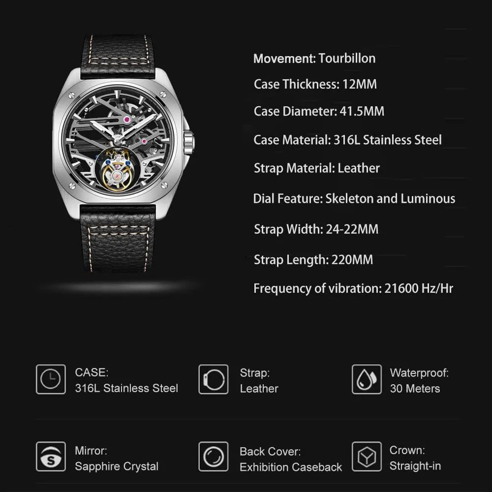 Analog Wristwatches Luminous Sapphire Waterproof Luxury Dress orbital adjust Business Watch for Men 7067 AESOP Tourbillon Men Watch Skeleton Mechanical Tourbillon Movement Hand Wind 