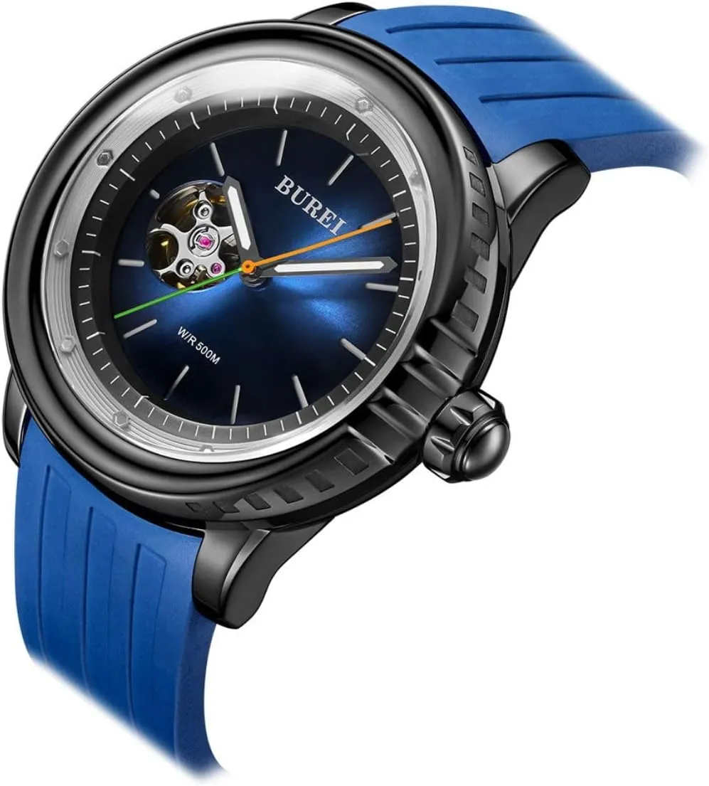 and Markers eddy BUREI Automatic Dive Watch Sapphire Glass Wrist Watch Men's 500m Waterproof Watch with Rubber Strap，Luminous Hands 