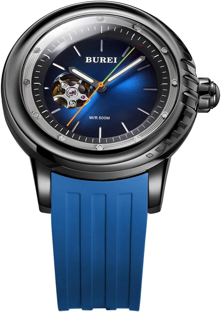 and Markers eddy BUREI Automatic Dive Watch Sapphire Glass Wrist Watch Men's 500m Waterproof Watch with Rubber Strap，Luminous Hands 