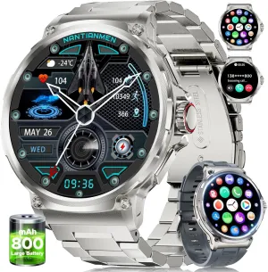 Android iOS (Bluetooth Call Answer/Calls) Fitness Tracker with Heart Rate/Sleep Tracking/Blood Oxygen Silver Military Smart Watch for Men,1.85" HD/800mAh admiral therapist Battery Smart Watches for 