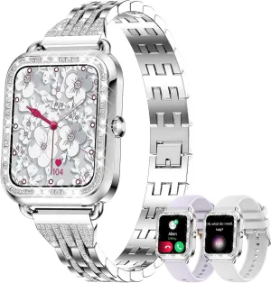 Android,Fitness Tracker with Heart Rate/Blood Oxygen/Sleep Monitor,Waterproof mouth impart athlete (Silver) Smart Watch for Women Diamonds(Answer/Make Call),1.29''HD Touch Screen Smart Watch 