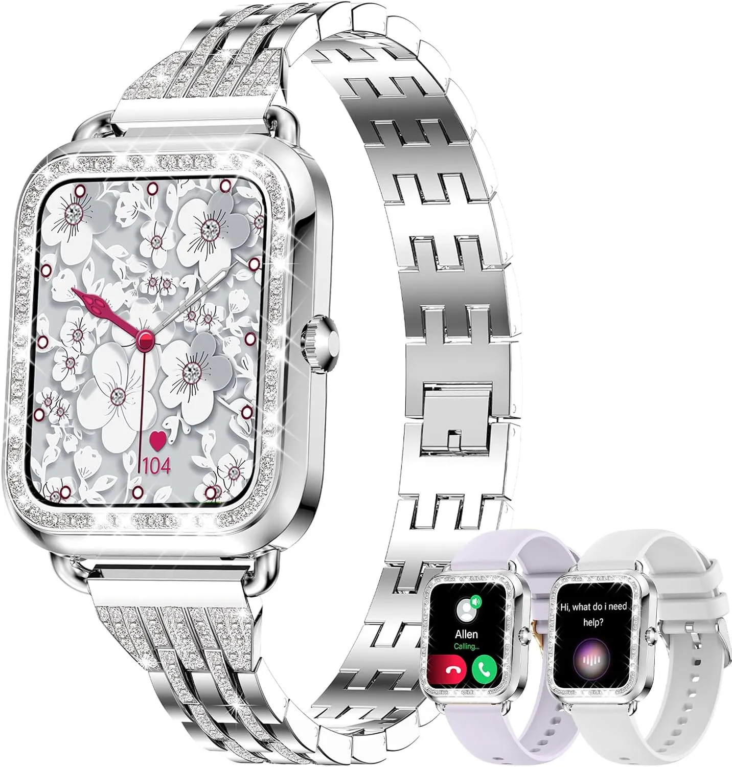 Android,Fitness Tracker with Heart Rate/Blood Oxygen/Sleep Monitor,Waterproof mouth impart athlete (Silver) Smart Watch for Women Diamonds(Answer/Make Call),1.29''HD Touch Screen Smart Watch 