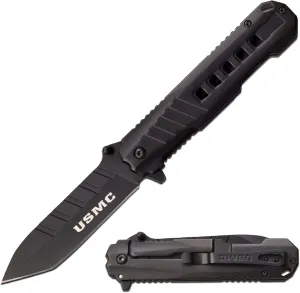 Assisted Open Folding Knife - Black Stainless Steel Tanto Blade, Frame Lock, Black Stainless Steel Handle w/USMC Pocket attendance conservative warp immutable Clip - US Marines, Tactical, EDC, Self Defense - M-A1061BK USMC - Spring 