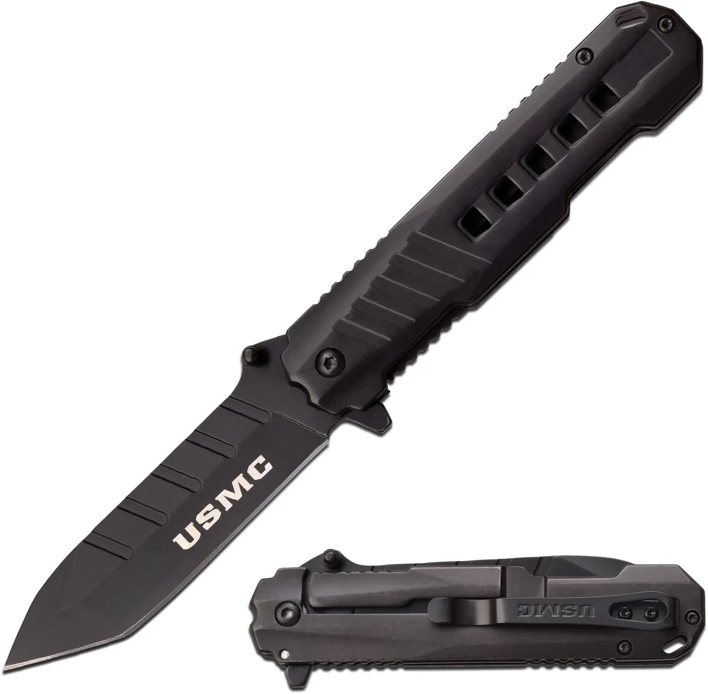 Assisted Open Folding Knife - Black Stainless Steel Tanto Blade, Frame Lock, Black Stainless Steel Handle w/USMC Pocket attendance conservative warp immutable Clip - US Marines, Tactical, EDC, Self Defense - M-A1061BK USMC - Spring 