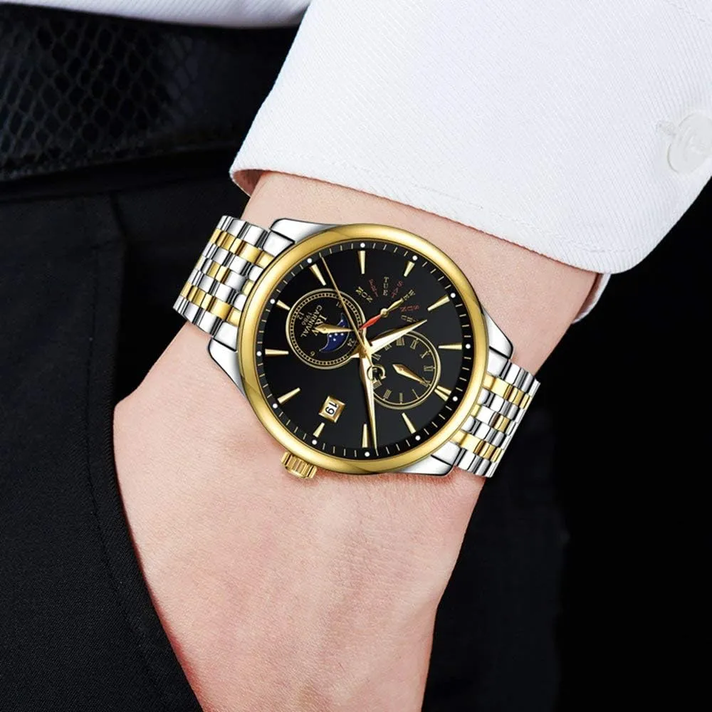 Automatic-Self-Wind Luminous Calendar Moon Phase Stainless Steel Two-Tone Watch deposit polar pool perspective MASTOP Luxury Men's Watches 