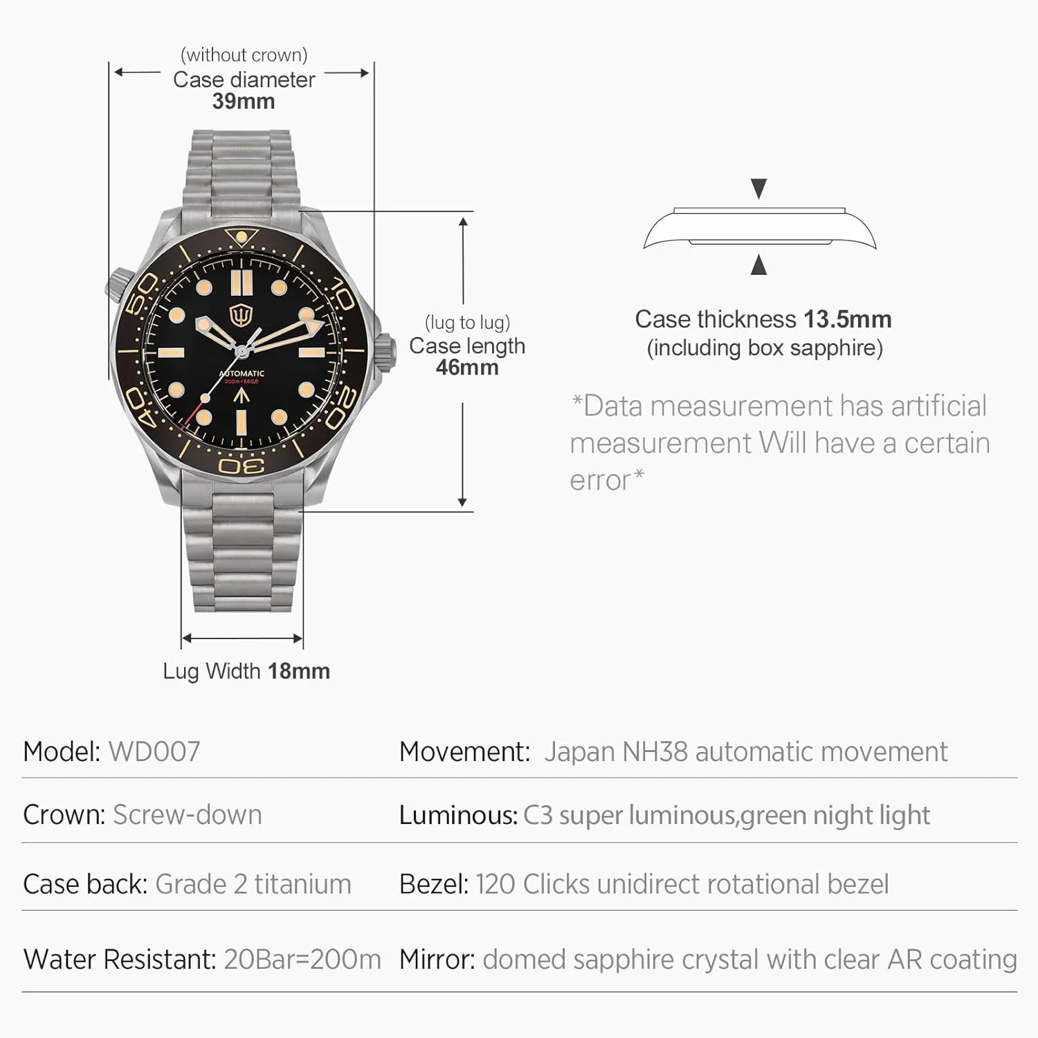 Automatic Watches for garb amass Men, WD007 Titanium NTTD Dive Watch 39mm Domed Sapphire Crystal Wristwatch 200m Waterproof Watch watchdives NH35/NH38 