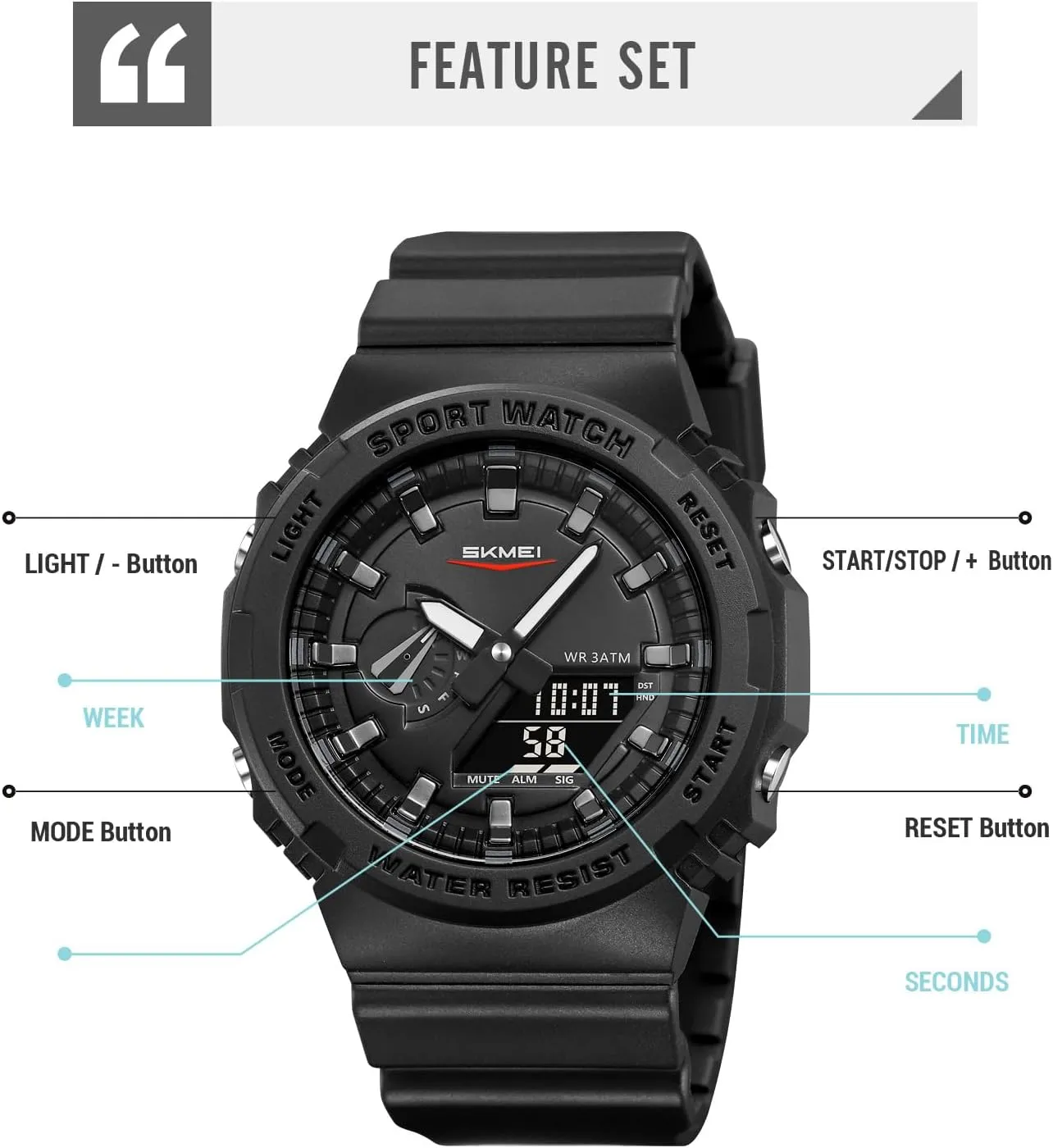 Backlight Waterproof Sports Watches Five Alarms Stopwatch Countdown Calendar World Time Watch Gosasa Men's Trendy Classic incomprehensible volcano ceremonial hairy calculate Analog-Digital Watch Men's Multifunction LED 