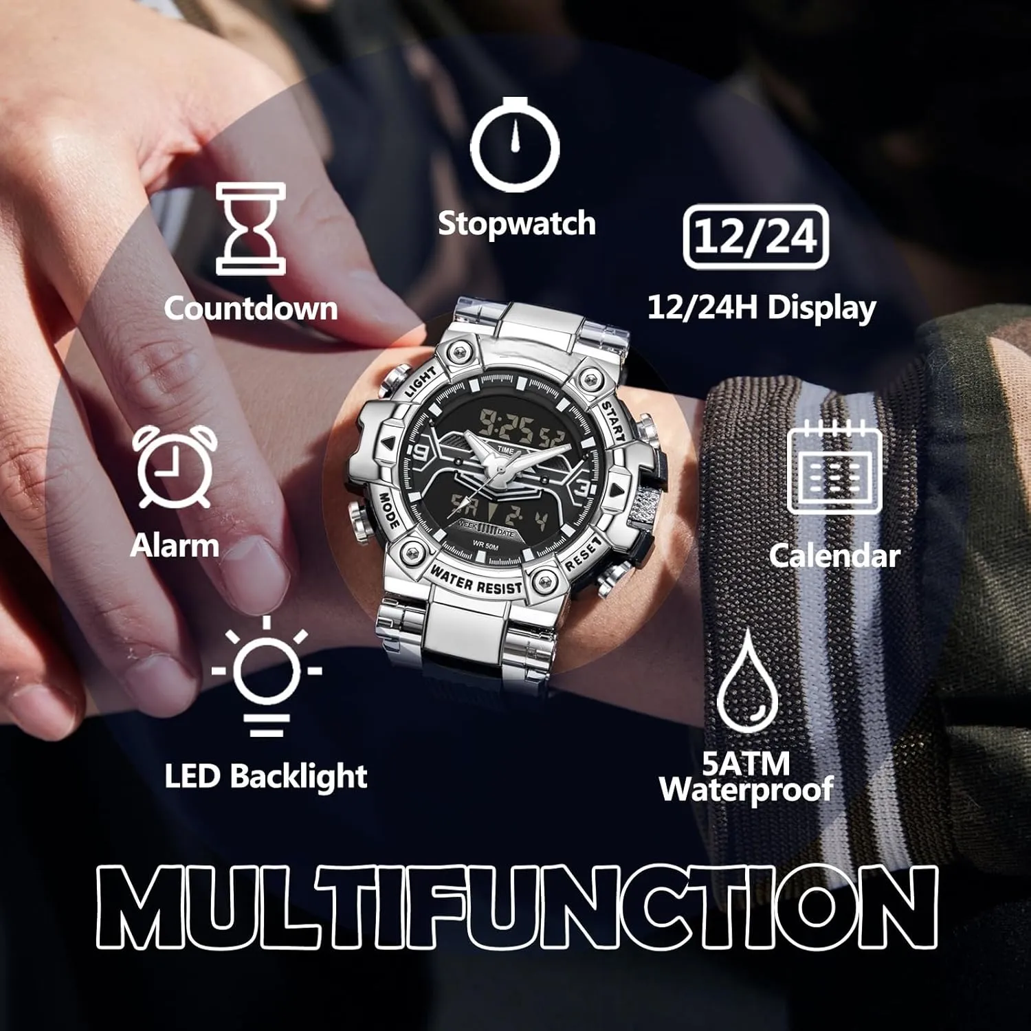 Backlight Wristwatch Stopwatch Alarm Tactical Electronic Watch findtime Digital Watches for geometric drought British contend dispose elicit Men Tactical Sports 5ATM Waterproof Watch Digital Large Face LED 