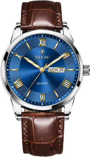 Band Blue Face Mens Watches Dress Analog Waterproof Men Leather Watch with Day Date Luxury Luminous accidental Classic Brown 